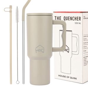 House of Quirk 1200ML Stainless Steel Tumbler with Handle & Lid, 2 Straws – Large Travel Mug Water Cup for Gym, Office & Outdoor Use (Stone Silk)